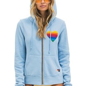 Aviator Nation Rainbow Heart Stitch Zip Hoodie in Ice Blue